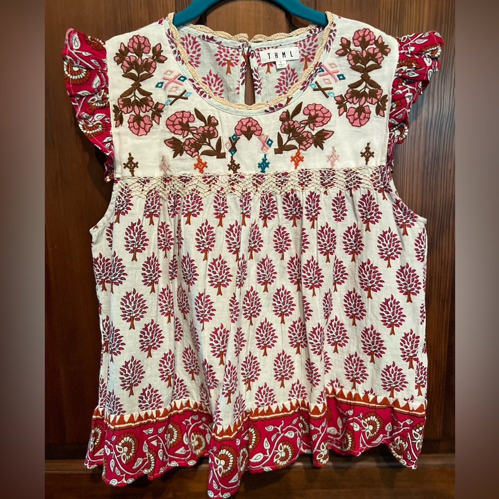 THML Floral/Tree Embroidered Frilly Top
